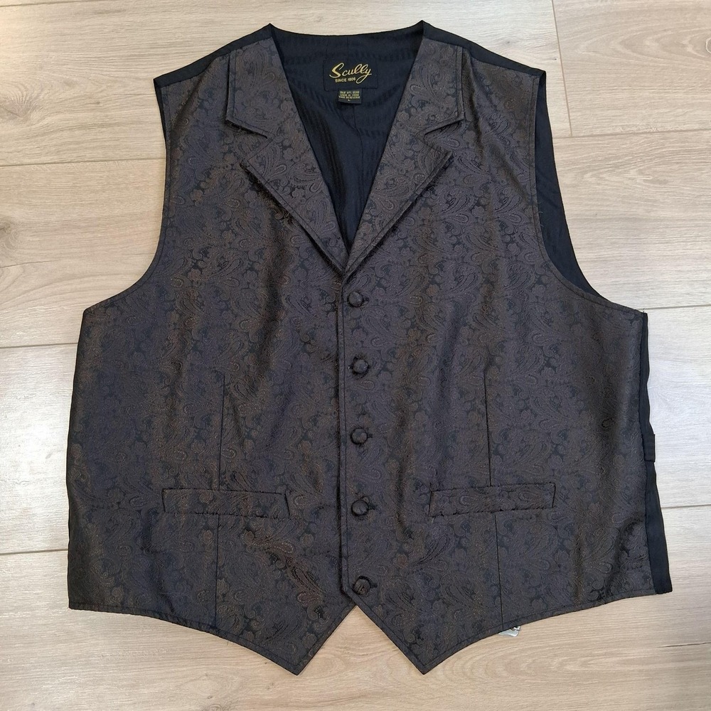 Scully Waistcoat Vest Mens Large Brown Paisley Western Cowboy Belted